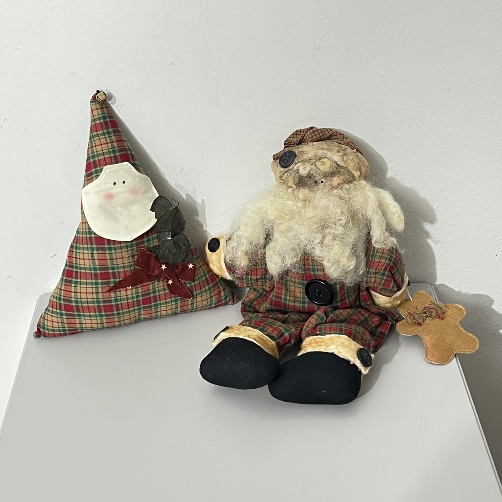 Vintage Santa Doll & Pillow Set Unisex OS Red Green Plaid Primitive Folk Art